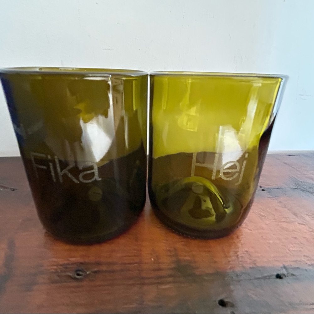 Recycled glasses , etched with Swedish words Hej and Fika 12 oz, 4 inches.